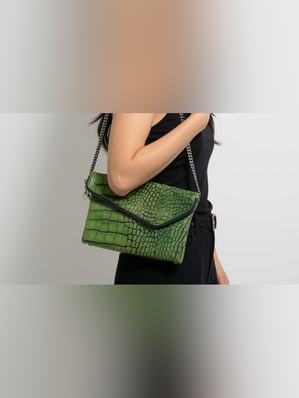 Henri Bendel Green Croc-Embossed Envelope Shoulder Bag